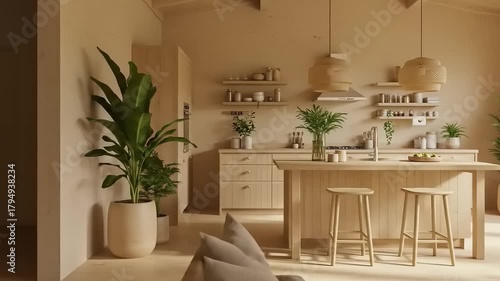 Modern minimalist kitchen with wooden furniture, plants, and natural light creating a serene atmosphere