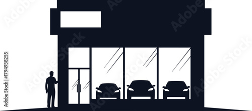 Dark silhouette of a car dealership with cars and a person, car dealership, silhouette, dark, black, white background, cars, vehicles, showroom, person, man, standing, entrance, glass windows, display