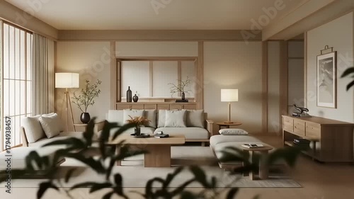 Modern minimalist living room with natural light, wooden furniture, and serene decor elements