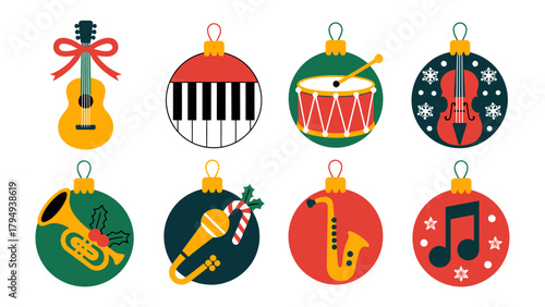 Musical Ornaments: A vibrant arrangement of festive ornaments, each one intricately adorned with musical instruments, set against a lively and colorful backdrop.