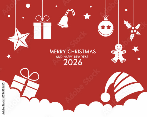 Winter christmas composition in paper cut style and red shelf on the wall for display. Merry Christmas text Calligraphic Lettering Vector illustration