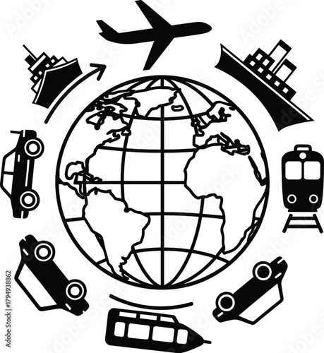 Global transportation modes around the world globe, commute