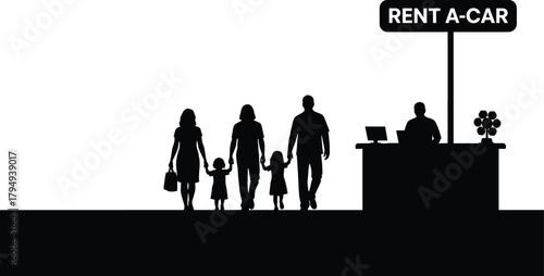 Family walking towards rent a car counter silhouette, silhouette, family, parents, children, walking, rent a car, counter, desk, sign, travel, vacation, transportation, service, business, people, blac