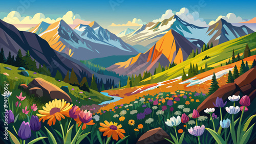 Very beautiful view of wildflowers blooming on the eastern escarpment of the Sierra Nevada Mountains in California, USA, featuring colorful alpine flora, rugged mountain slopes, and expansive skies, 