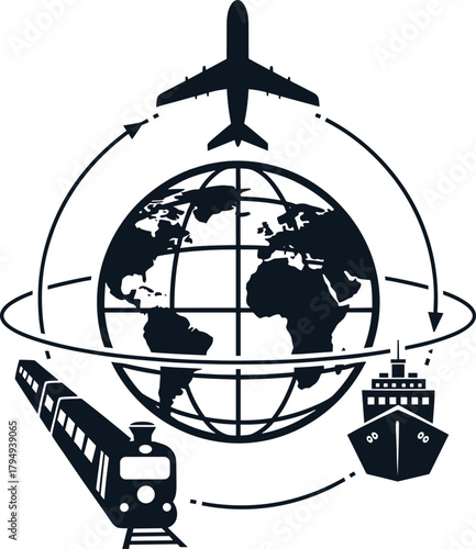 Globe with airplane train and ship travel routes earth, globe, earth, world, travel, transportation, airplane, aircraft, train, locomotive, ship, boat, routes, logistics, global, journey, transport, i