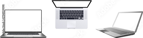 Laptop Mockup Set - Realistic Devices in Front, Side, and Perspective Views Isolated on Transparent Background