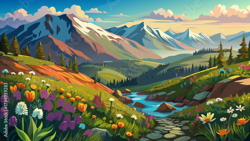 Very beautiful view of wildflowers blooming on the eastern escarpment of the Sierra Nevada Mountains in California, USA, featuring colorful alpine flora, rugged mountain slopes, and expansive skies, c