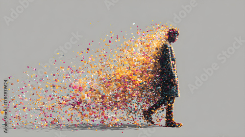 Person Disintegrating into Vibrant Pixel-Like Particles Mid-Motion