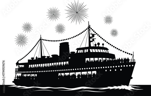 Silhouette of a crowded passenger ship with fireworks, ship, boat, passenger, crowd, people, silhouette, black and white, fireworks, celebration, night, water, ocean, sea, travel, transport, cruise, f