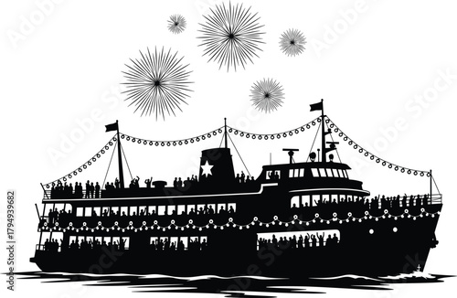 Silhouette of a crowded passenger ship with fireworks, ship, boat, ferry, passenger, crowd, people, silhouette, black and white, fireworks, celebration, party, festival, event, water, waves, lights, s