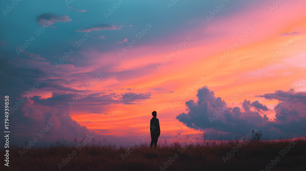 Obraz premium Person Silhouette Framed by Pastel-Toned Sunset Sky