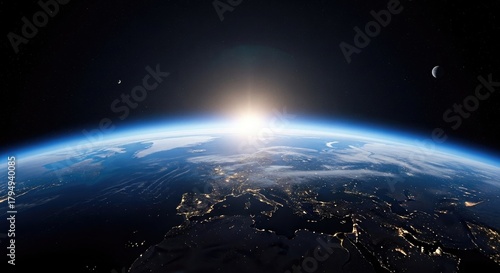 Earth rising over europe horizon with glowing city lights