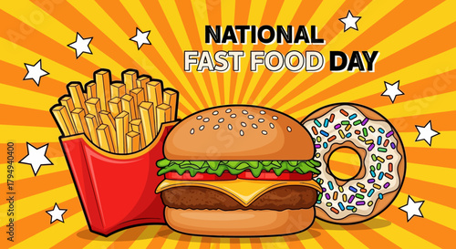National Fast Food Day Illustration Burger Fries and Donut on Orange Background