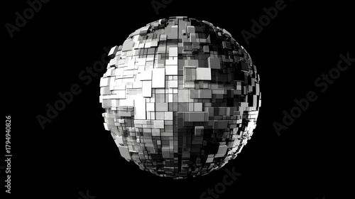 Pixelated sphere in grayscale with geometric detailing and layered depth on black
