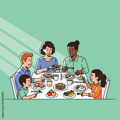 Cheerful family enjoying breakfast together at home with pancakes