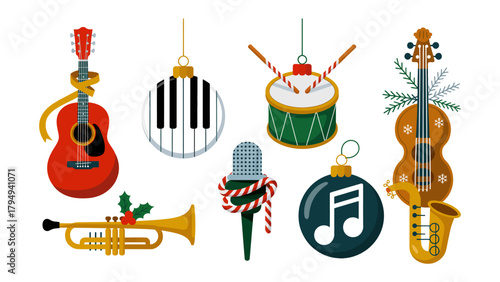 Festive Music Decorations: A collection of charming ornaments, each a miniature musical instrument, adorned with holiday cheer.