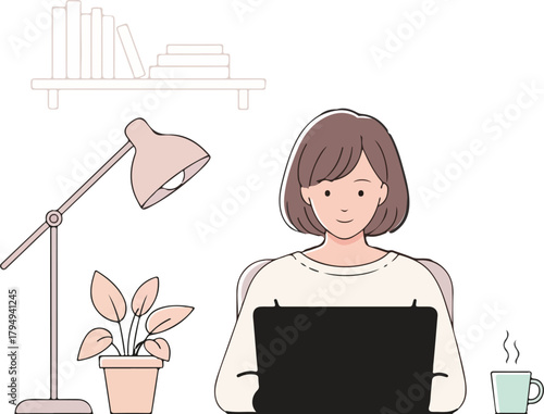 Cartoon illustration of a mom working from home, simple pastel household background, clean modern style