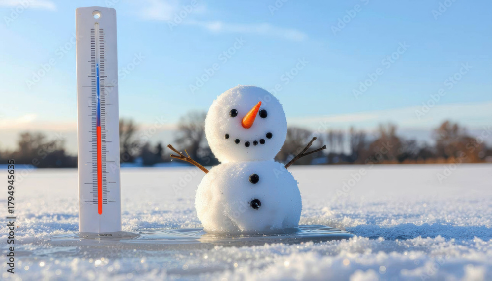 Fototapeta premium Cheerful snowman with carrot nose stands beside thermometer on snowy field under clear blue sky