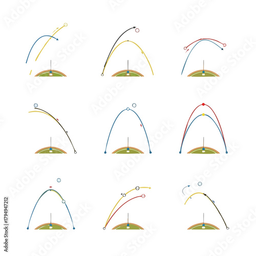 Baseball Trajectory Vector Chart Collection, Ball Movement Physics Diagram Infographic Set, Flat Design High Angle Analysis
