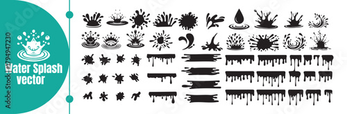 Collection of Black Splashes, Ink Blots, Drips, and Brush Strokes Vector