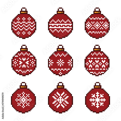 Pixel Art Christmas Ornaments Set, Red Holiday Baubles with Nordic Snowflake Patterns