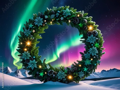 A vast galaxy shaped like a Christmas wreath, glowing with northern lights colors