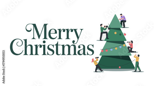  Festive Decoration: A stylized christmas tree getting adorned by people. Perfect for conveying the spirit of the holiday season, embodying togetherness and seasonal cheer. 