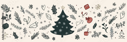 Hand drawn Christmas tree with holly leaves, winter snowflakes, festive holiday ornaments and seasonal botanical doodles seamless vector background illustration