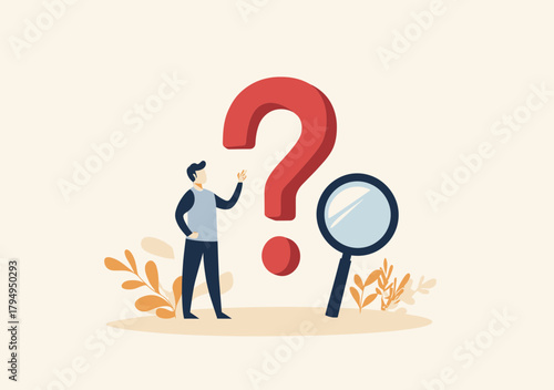 Businessman examining large red question mark with giant magnifying glass searching for answers and problem solving concept vector illustration