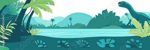 Vector illustration of prehistoric riverbank with dinosaur footprints tropical plants long neck dinosaur in Jurassic era flat minimalistic style game asset background landscape