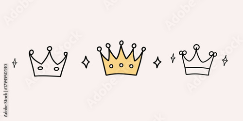 Set of three simple hand drawn crown doodles including colored and outline queen crowns with star sparkles minimalist royal icons vector illustration