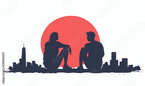 Silhouette of man and woman sitting and facing each other on city skyline background with large red sun minimal vector illustration romantic urban concept
