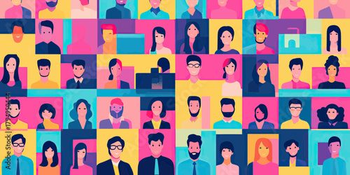 Colorful flat square grid of diverse business people in video conference call with multiple participants using laptops and headsets in modern virtual meeting concept vector illustration