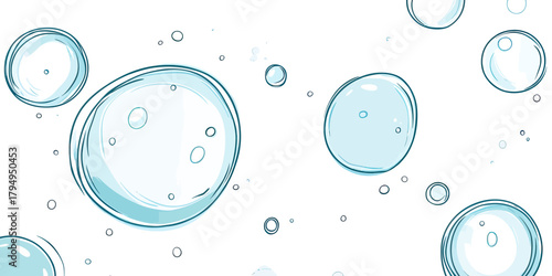 Hand drawn transparent water bubbles floating on white background with light reflections minimalist vector illustration of multiple round water drops in sketch style