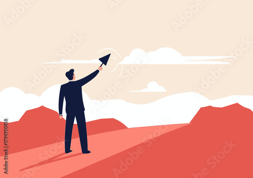 Businessman standing on mountain peak launching arrow upward symbolizing ambition success leadership goal achievement determination motivation concept vector