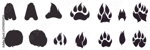 Black silhouette vector set of various animal paw prints and footprints including dog, cat, rabbit, and hoof shapes in minimalist style on white background