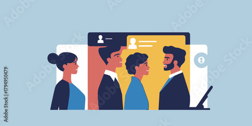 Flat vector illustration of diverse business people team participating in online video conference meeting on laptop for remote collaboration and communication concept