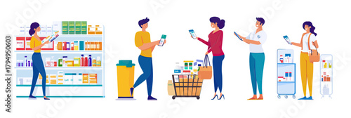 People shopping for medicine in pharmacy holding prescription and smartphone checking online orders with pill bottles and medicine cart flat vector illustration
