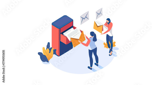 Isometric people sending and receiving mail at red postbox holding envelopes letters communication concept vector illustration