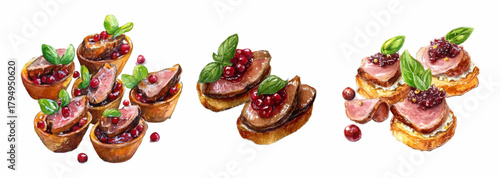 Watercolor illustration of gourmet canape appetizers, bruschetta with sliced meat, spicy cranberry or lingonberry sauce and fresh basil. Festive appetizers. Vector illustration.