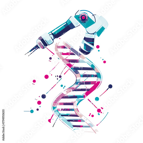 Abstract polygonal robotic arm injecting genetic material into DNA helix strand with colorful molecules science concept vector illustration