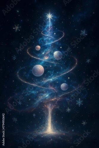 A cosmic Christmas tree formed by swirling nebulae and crystalline stardust
