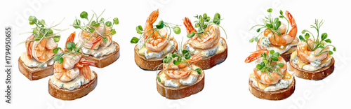A set of sandwiches with white baguette, cream cheese and shrimp decorated with microgreens. Watercolor illustration of shrimp sandwiches. Festive snacks for Christmas, catering, etc.
