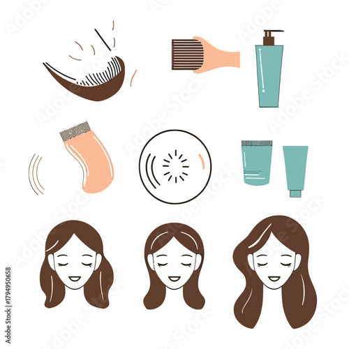 Hair care routine concept with hairbrush, comb, hair clipper, shampoo, conditioner, hair cream, and happy woman illustrations in flat minimalist vector style