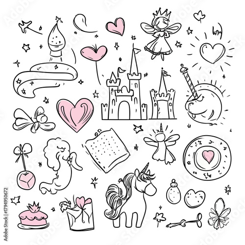 Hand drawn black and pink princess doodles with unicorn castle fairy heart crown magic wand butterfly cake and gift vector sketch set