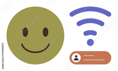 happy face beside strong wireless signal icon and user profile card depicting digital connection and online interaction. Ideal for technology, social media, networking, communication, positivity