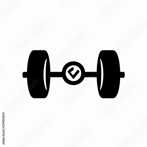 Black and white minimalist dumbbell icon with check mark symbol in center barbell fitness and weightlifting concept flat vector design