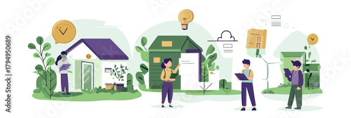 Sustainable housing energy saving concept with diverse people managing eco friendly green homes using solar panels and wind turbines in flat vector style