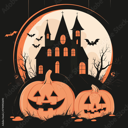 Halloween haunted house with glowing windows, two carved jack o lantern pumpkins, bats flying and full moon background in flat minimalist vector style