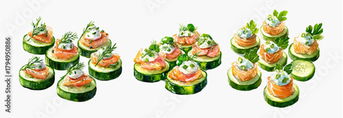 Watercolor set of festive snacks. Sandwich with a slice of cucumber, cream cheese and red fish decorated with greens. Light snacks for the festive table, catering, etc.